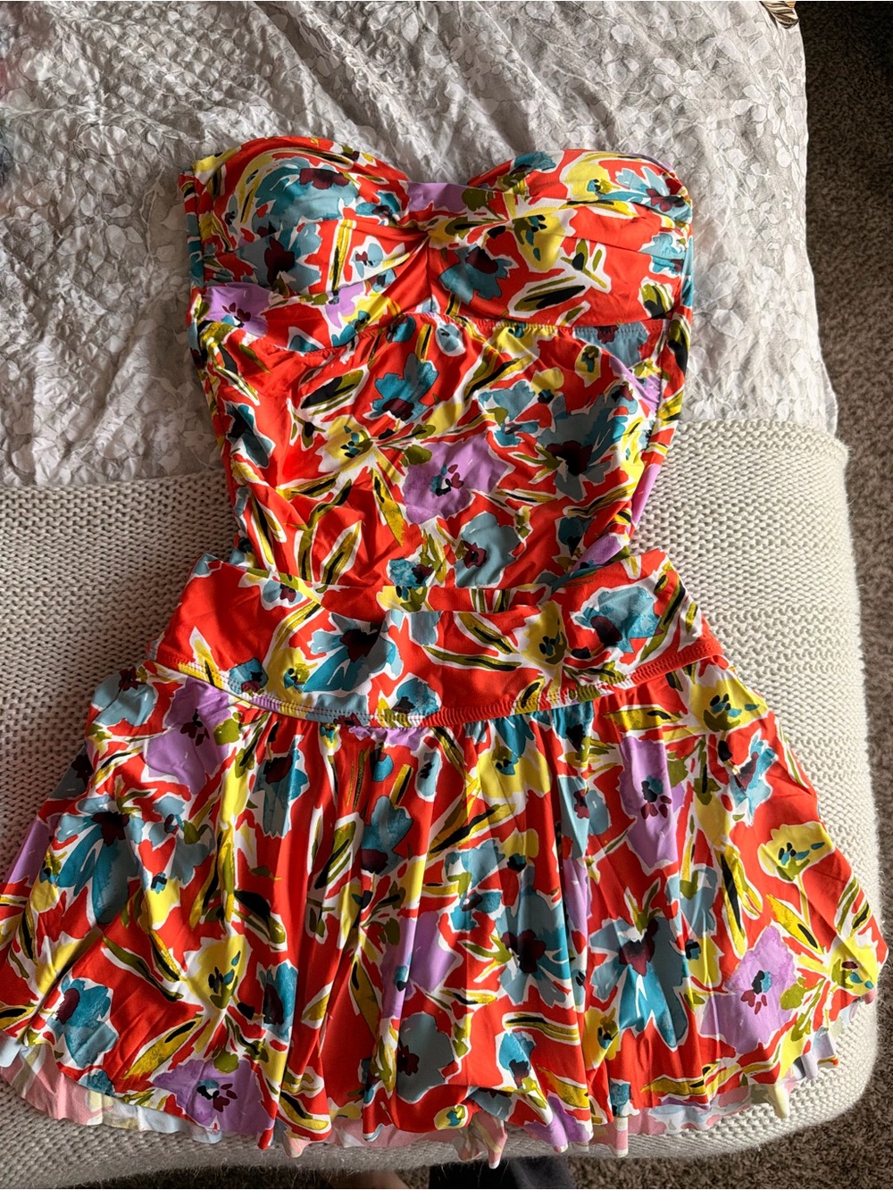 Anne Cole Vibrant Floral Strapless Swim Top and Skirt — Red, Teal & Lavender